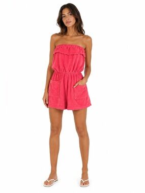 Vintage 80s/90s Absolutely Pink Terry Cloth Strapless Romper Coverup Beach Small
